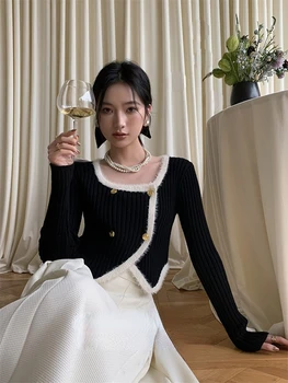 Prancūzijos Elegantiškas Megztas Megztinis Office Lady 2023 Pavasario Mygtuką Vintage Black Ilgomis Rankovėmis Viršūnes Moteris Korėja Mados Drabužių Dizainas 3