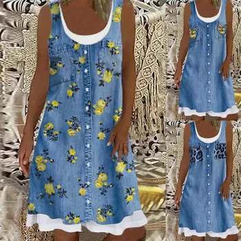 Pranešk apie netikrą Dviejų dalių Džinsinio audinio Suknelė Moterims 2022 M. Vasarą negabaritinių Mygtuką Poullover Paplūdimio Atostogų Mini Suknelės Mielas Spausdinti Blue Marškinėliai Topai