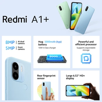 Redmi A1+ Pasaulinė Versija Išmanusis telefonas Xiaomi 2GB 32GB MTK Gel A22 8MP Kamera 5000mAh Galiniai pirštų atspaudų mobilusis telefonas
