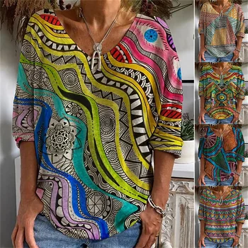 Rudenį, Žiemą Moterų Abstrakčiai Spausdinti Long Sleeve V-Kaklo Moterų Atsitiktinis Megztinis Mados Viršūnes Elegantiškas T Shirts Naujo Dizaino Tee