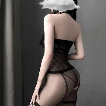 Seksualus Apatinis Trikotažas Nėrinių Kaklo Kabo Vamzdžio Viršaus Rhombus Stiliaus Nelaisvėje Linijos Perspektyvos Vientisas Kojinės Atvira Tarpkojo Sexy Kojinės Kostiumas