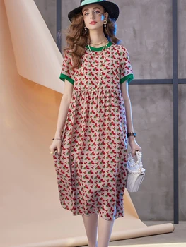 SuyaDream Moteris Gėlių Ilga Suknelė Nekilnojamojo Šilko O Kaklo-Line Atspausdinta Suknelės 2022 M. Vasaros Atostogų Drabužiai