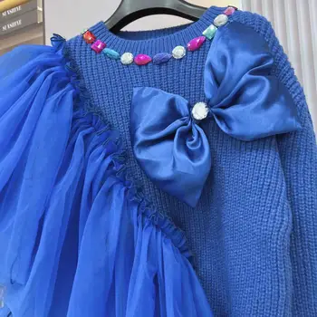 Tailando Dizainerė Mados High-End Spalvinga Kristalai Megzti Viršų Nauji moteriški 2022 m. Rudenį, Žiemą Prarasti Lieknėjimo Blue Džemperis