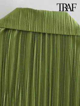 TRAF Moterų Mados Plisuotos Žalia Vintage Marškinėliai ilgomis Rankovėmis Mygtuką-up Moteriškos Palaidinės Blusas Prašmatnus Viršūnės