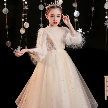 Šampanas Mergina Drabužių Mergaitėms ilgomis Rankovėmis China Suknelė Oficialus Kostiumas Gėlių Mergaitė Princesė Šalis Oficialų Suknelė Vestuvių Drabužiai