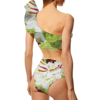 Žalioji Vieną Petį Pynimas Spausdinti Aukštos Juosmens Seksualus Bikini Backless Swimsuit Moterys Mados Stumti Iki Paplūdimio Nėrinių Iki Paplūdimio Sijonas