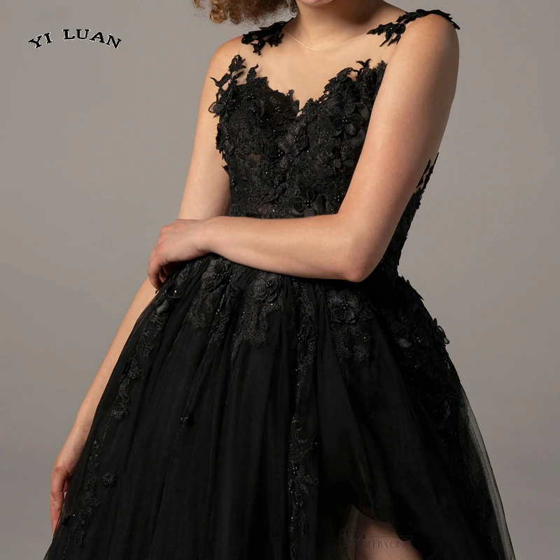 Gothic Black Oficialų Suknelė 2022 Seksualus Prom Dresses Ilgai Nėriniai Gėlės Dydis Backless Vakare Chalatai Pusės Split Tiulio Vestidos