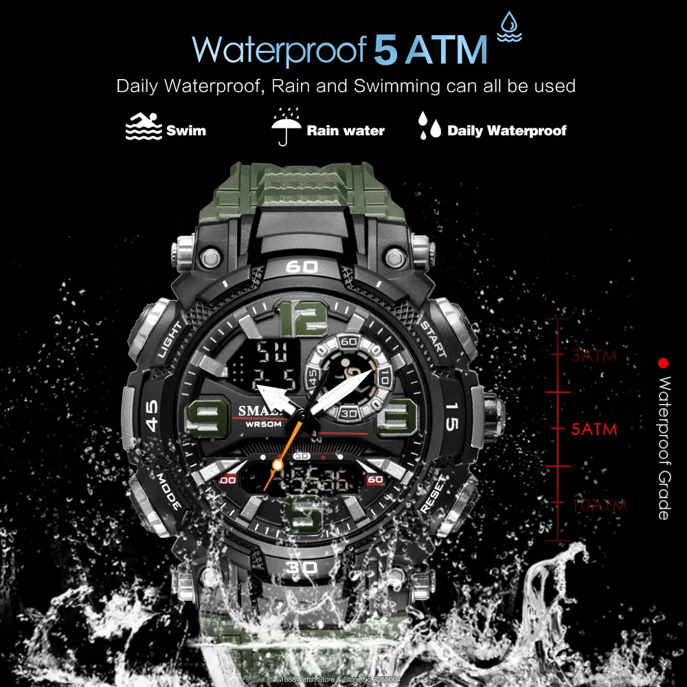 SMAEL Alyvuogių Žalia Karinės Sporto Žiūrėti Vyrams Šviesos Vandeniui Skaitmeniniai Laikrodžiai Chronograph Kvarcas Chronometras Vyras часы relogio 0