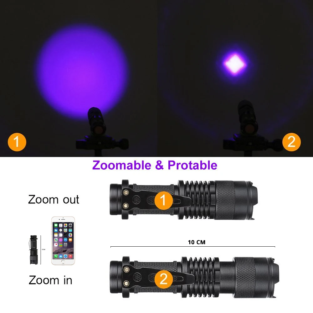 Nešiojamų UV LED Žibintuvėlis Zoomable UV Žibintuvėlis 395nm Ultra Violet Fotoblyksčių Lempos, Už Žymeklio Tikrintuvas Augintinio Šlapimo Nustatymo