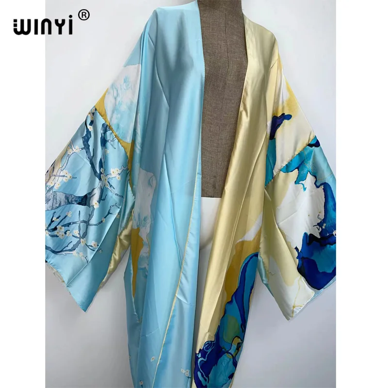 Kimonos verano Moterų sukienka Spausdinti ilgomis Rankovėmis Megztinis Moteriška Palaidinė Prarasti Atsitiktinis paplūdimio Cover Up boho suknelė šalis kaftan 1