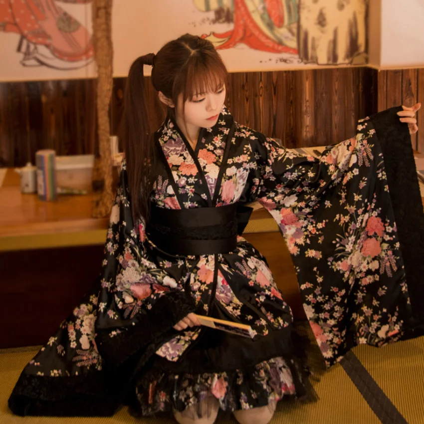 Paauglių Mergaičių Japanese Lolita Kostiumai Kimono Suknelę, Drabužių, Gėlių, Gėlių Nacionalinių Gotikos JK Kostiumas Helovyno Cosplay Moteris Yukata