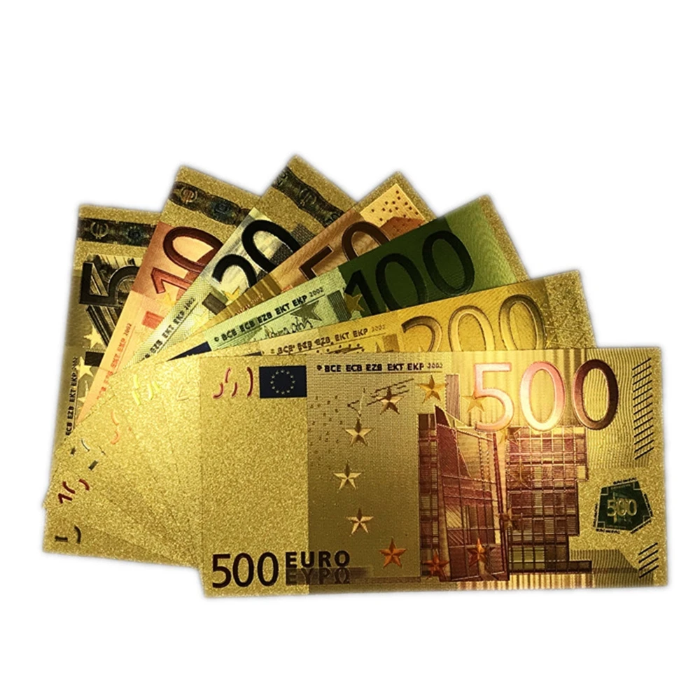 7PCS/Set 5 10 20 50 100 200 500 EUR Aukso Banknotų 24K Aukso Netikrą Popierinių Pinigų Kolekcija Eurų Banknotų Rinkiniai 1