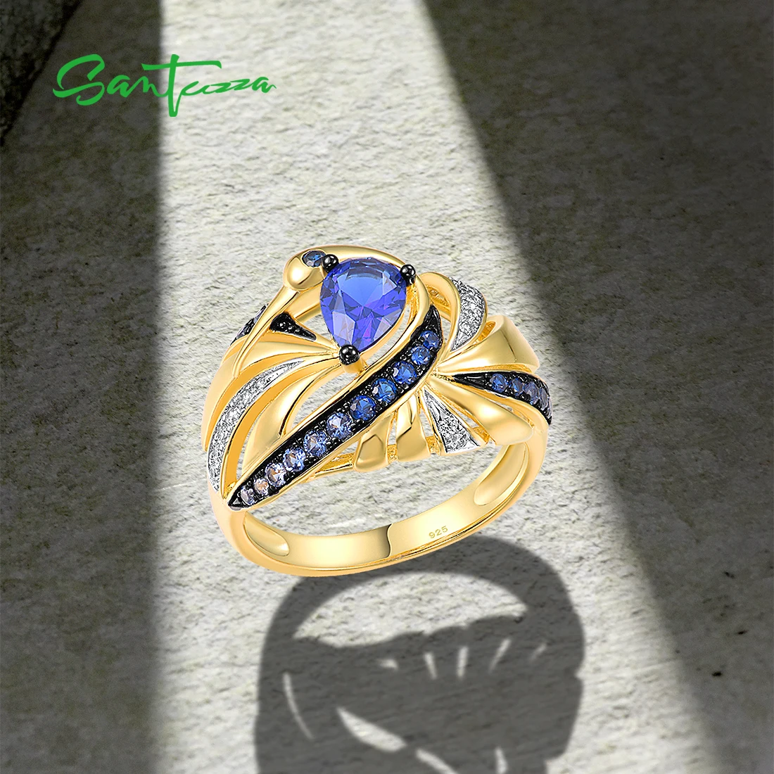 SANTUZZA Grynas 925 Sterlingas Sidabro Žiedai Moterims Putojantis Mėlyna Brangakmenių Balta Kubinis Cirkonis Aukso Spalvos Žiedas Mados Fine Jewelry 2