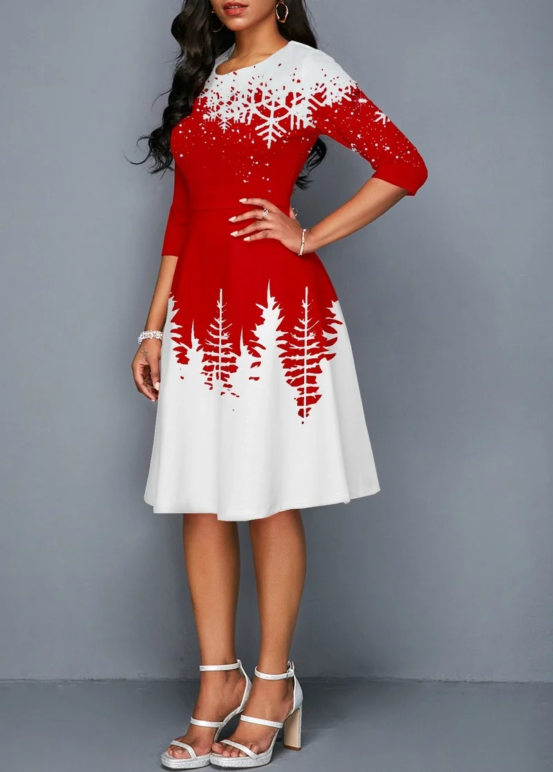 Moterų Suknelė 2022 Elegantiškas Kalėdų Spausdinti Naujųjų Metų Vakarą, Šaliai, Suknelės Atsitiktinis O-Kaklo Raudona Prašmatnus Fasion Aukšto Juosmens-Line Suknelė