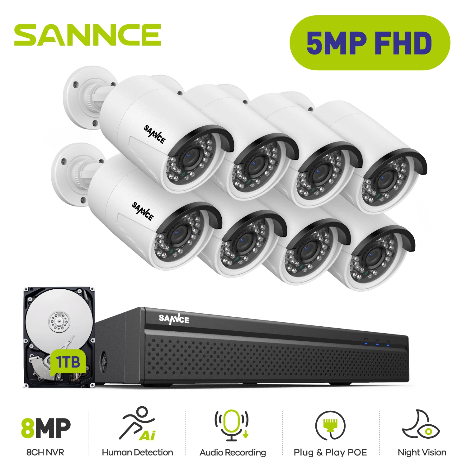 SANNCE H. 265+ 8CH 5MP POE Saugumo kamerų Sistema, Rinkinys 8PCS 5MP HD IP vaizdo Kameros Lauko Vandeniui CCTV Vaizdo Stebėjimo NVR Rinkinys 0