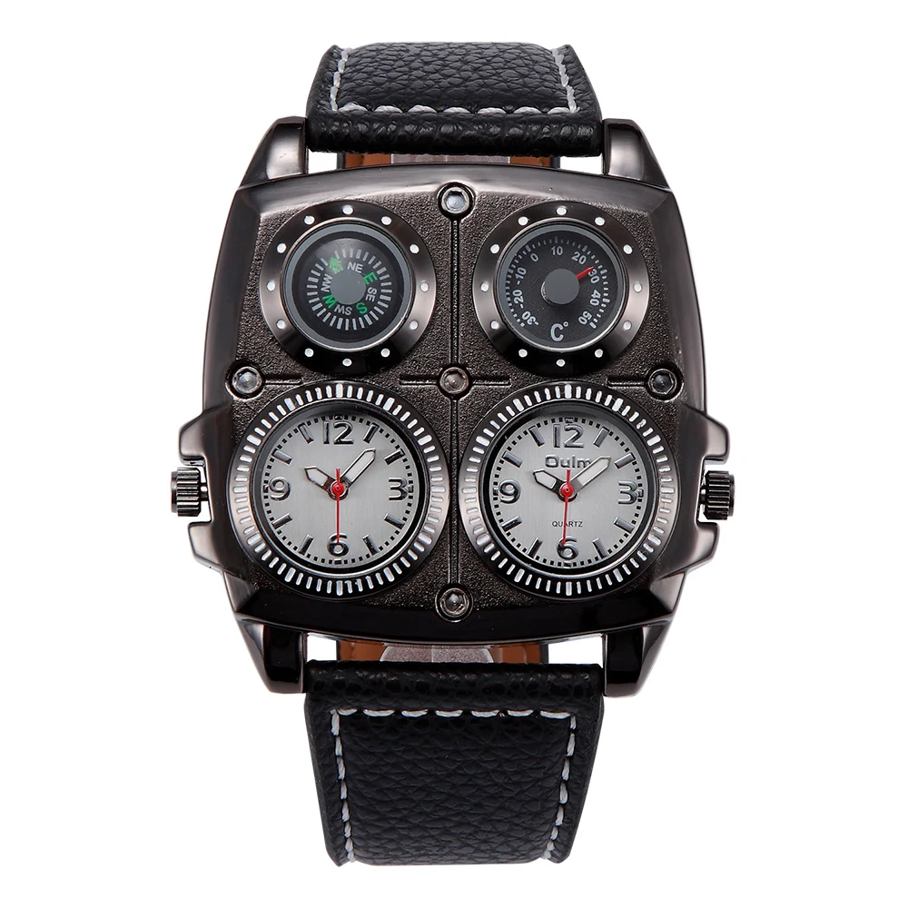 Oulm vyriški Laikrodžiai Dviejų Laiko Zonų Armijos Piloto Stiliaus Laikrodžių Didelis Dydį Karinės Kvarcinis Laikrodis Vyrų Odos Dirželis Laikrodis