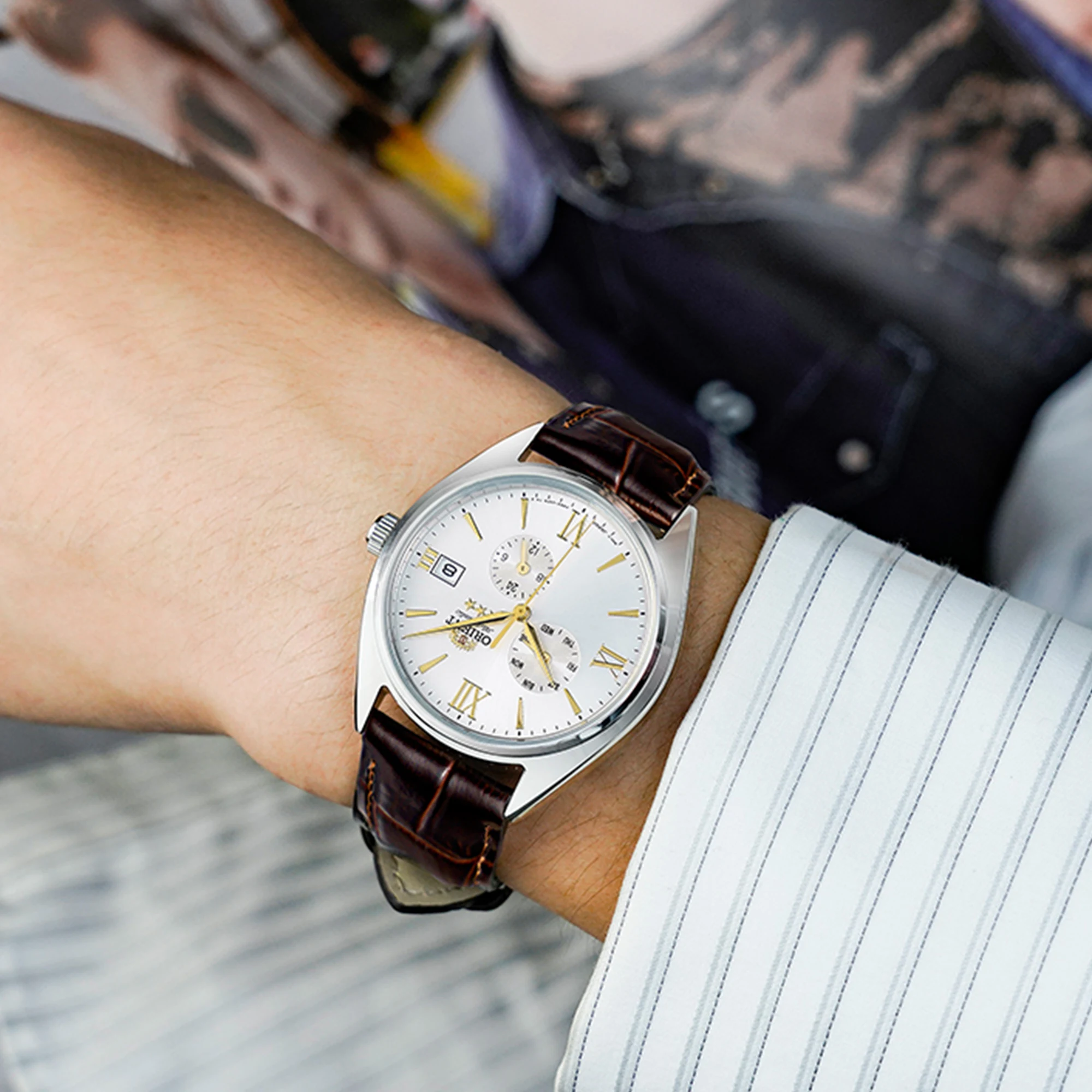 Originalus Orient Automatinis Laikrodis,Japonų Vyrai Prabanga Aukso Žiūrėti Atlair Žiūrėti Daugiafunkcį Subdials Nerūdijančio Plieno Odinis Dirželis