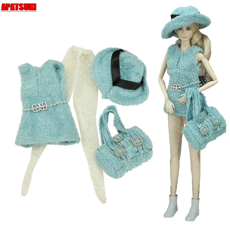 Mėlyna Mados Lėlės Drabužių Rinkinys Barbie Komplektus 1/6 Lėlės Priedai Barbie Lėlės Vest Kailis Pėdkelnės Skrybėlę Rankinės, Piniginės Žaislas 1