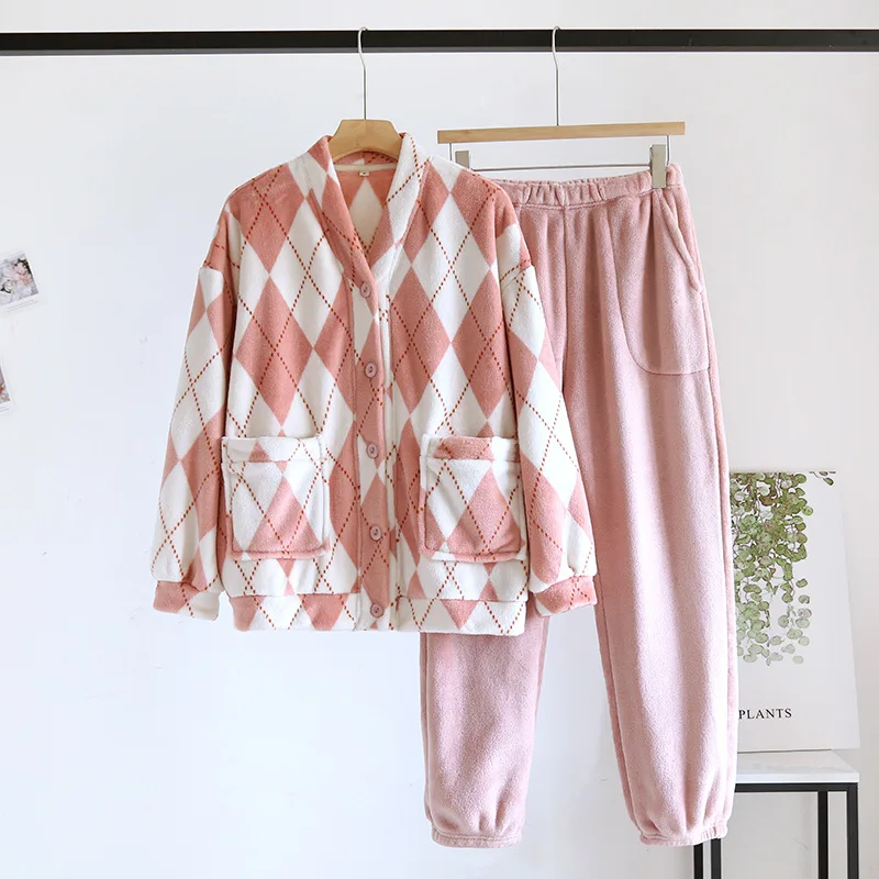 Japonijos rudens ir žiemos pajama kostiumas Pora, V-kaklo, flanelė sutirštės dviejų dalių moterų ir vyrų namų drabužių sleepwear