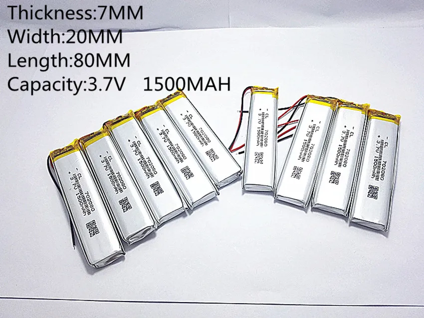 10vnt), 3,7 V,1500 mah,702080 PLIB polimeras ličio jonų / Li-ion baterija GPS,mp3,mp4,mp5,dvd,bluetooth,modelis žaislas mobiliojo ryšio 