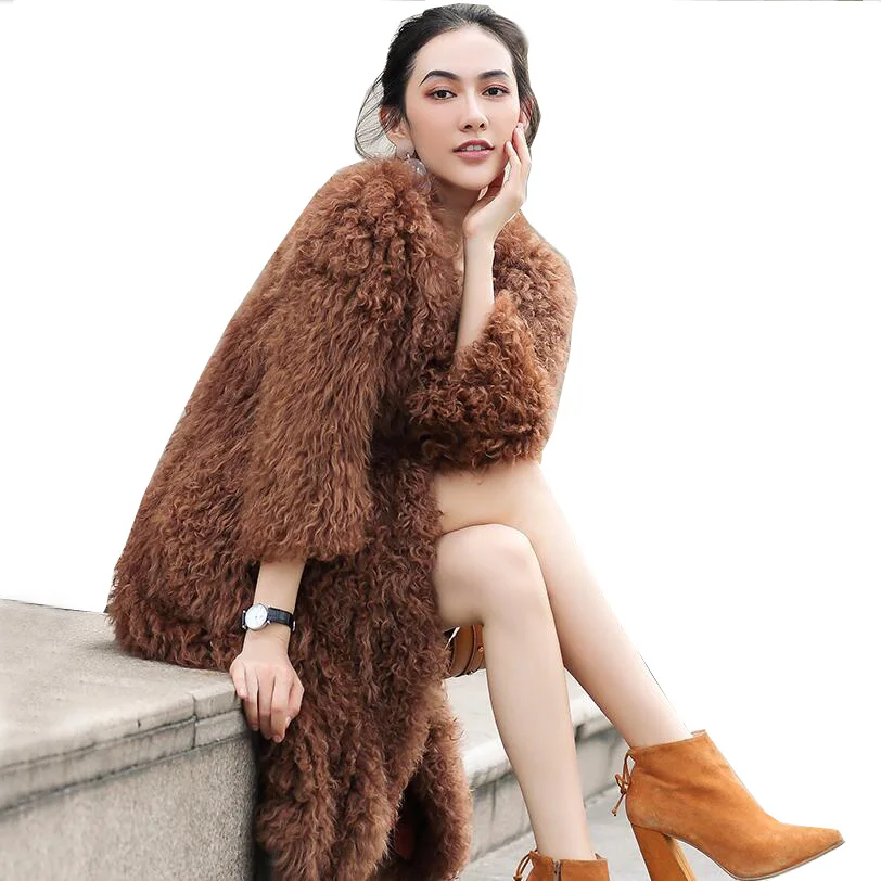 Harppihop megzti mongolijos avių kailis kailis striukė, paltas rusijos moterų žiemą šilti kailiniai paltai outwear ilgiau stiliaus, 4 spalvos 3
