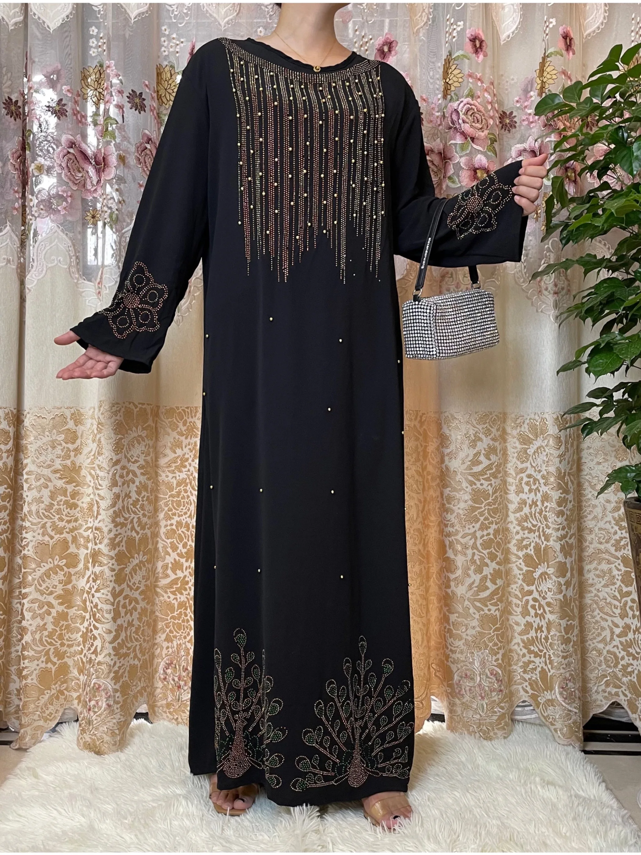 2022Abaya Moterų Dubajus turkijos Akmenys Blizga ilgomis Rankovėmis Kaftan Suknelės Afrikos Musulmonų Islamo Deimantų Drabužių Šalis Suknelė 3