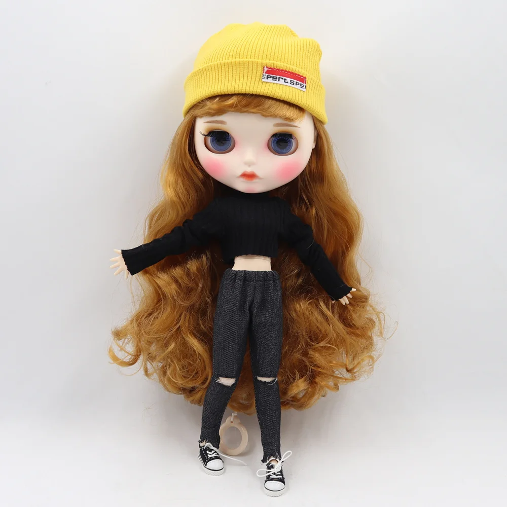 Drabužių 1/6 Blyth lėlės Gražus juodi marškinėliai ir kelnės kombinezonas, su geltona megzti skrybėlę mergina dovana LEDINIS BJD žaislas 1