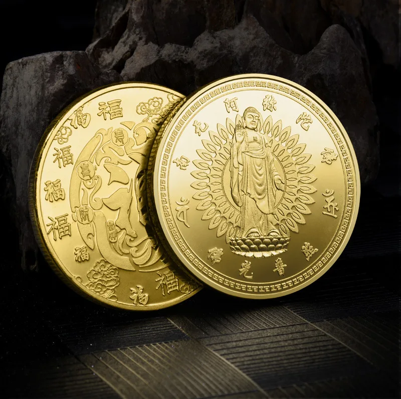 Kinų Stiliaus Budos Šviesa Šviečia ant Budos Progines Monetas, Religinių Įsitikinimų Auksas, Sidabras Monetos Iškilumo Metalinės Amatų Ženklelis 4