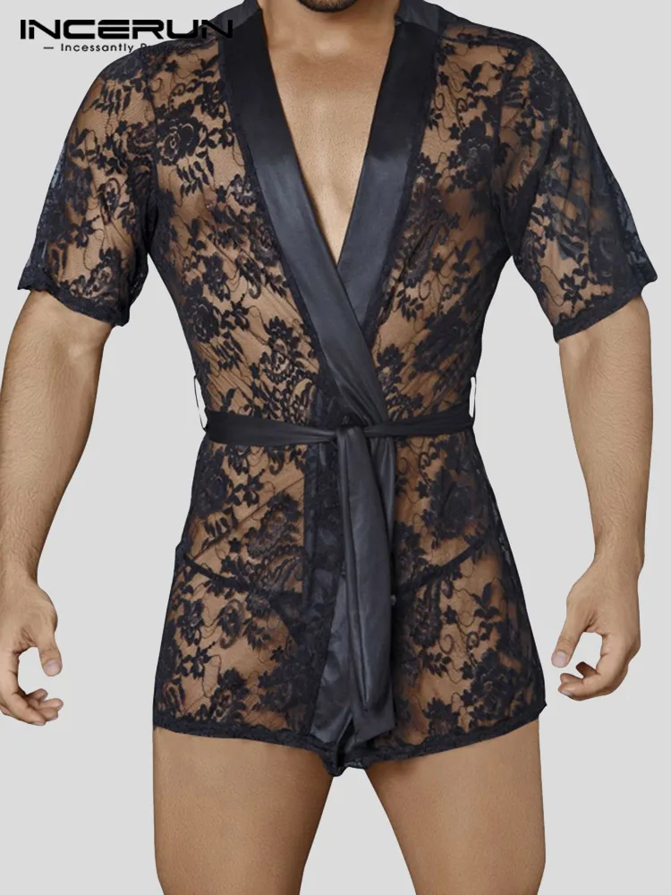 Naujas Vyrų Tinklinio Rūbeliai Nėrinių Žr.-per Trumpas Rankovės Seksualus Laisvalaikio Chalatai Diržo Laisvalaikio Vyrų Pižamą Homewear S-5XL INCERUN 2022 2