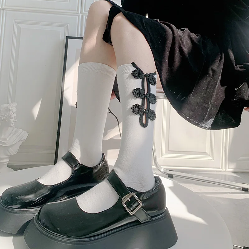 Kinų Stiliaus Cheongsam Mygtuką Lolita Kojinės Moterims Jk Didelio Kelio Kojinės Moteriškos Plonos Medvilnės Ilgas Kojines, Kojos Baltos, Juodos Kojinės 0
