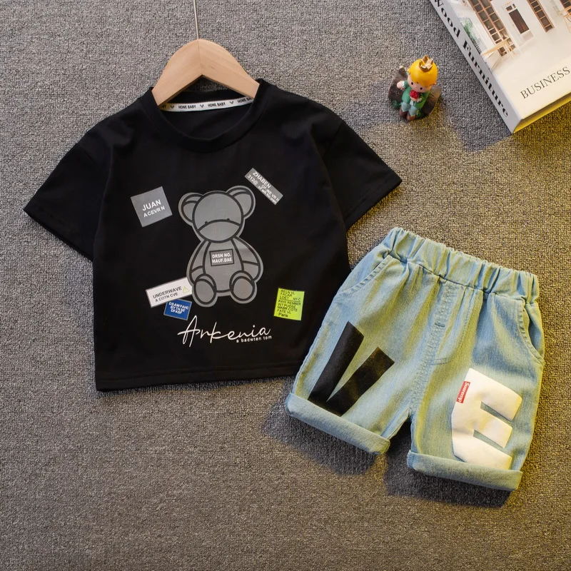 Kūdikių Vasaros Tendencija Kokybės Drabužius Nustatyti Vaikų Džinsinio Šortai + Medvilnė Gražus T-Shirt 2-Piece Set 1
