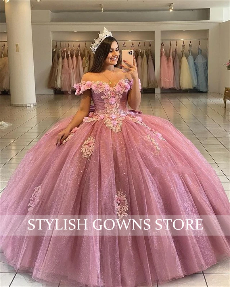 Nuo Peties Kamuolys Suknelė Suknelė Princesė Quinceanera Suknelės Rožinė 3D Gėlės, Uždusęs Saldus 16 Vestidos De Fiesta