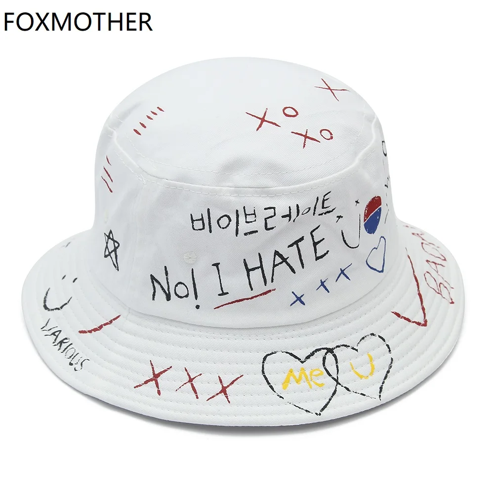 FOXMOTHER Naujas Hip-Hop Juoda Balta Raidė Grafiti Kibirą Kepurės Fishman Skrybėlę Chapeau Femme Vyriškos Kepurės Korėja 3