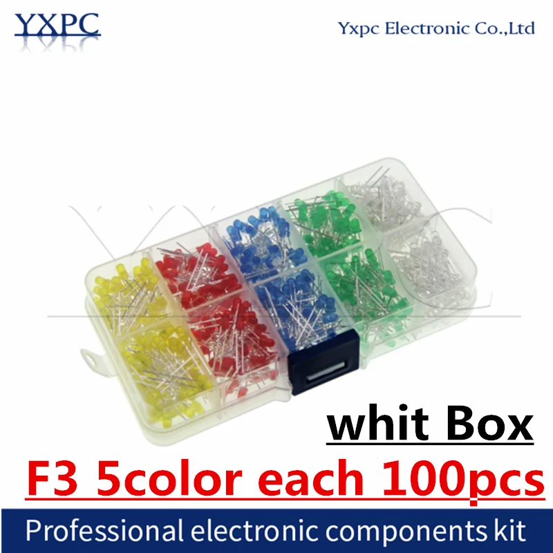 5color*100vnt=500pcs F3 3MM LED Diodų Rinkinys Mišrus Spalva Raudona Žalia Geltona Mėlyna Balta + BOX