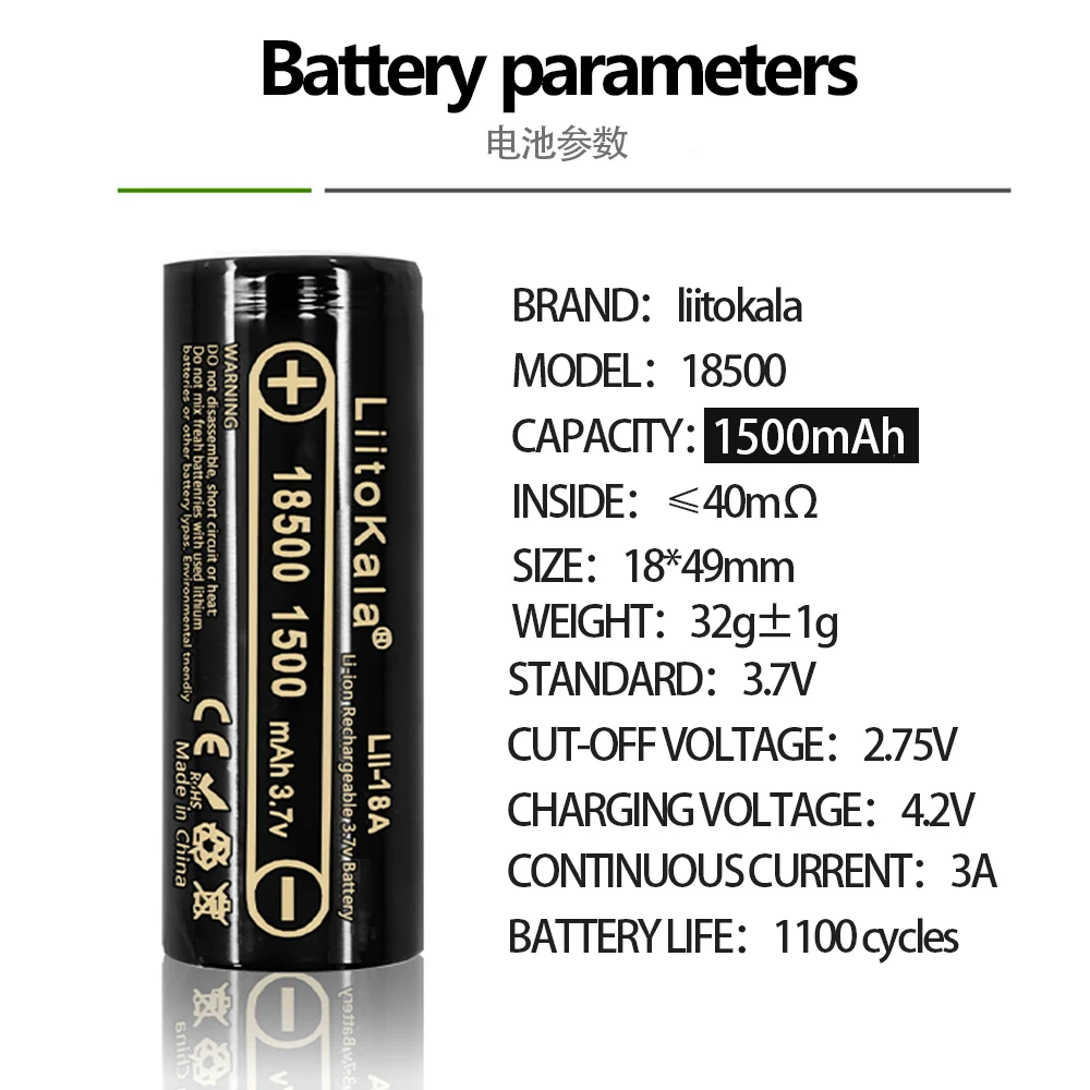 3PCS LiitoKala Lii-18A 18500 1500 mah, 3,7 V Įkrovimo baterija (akumuliatorius Recarregavel ličio jonų baterija LED žibintuvėlis