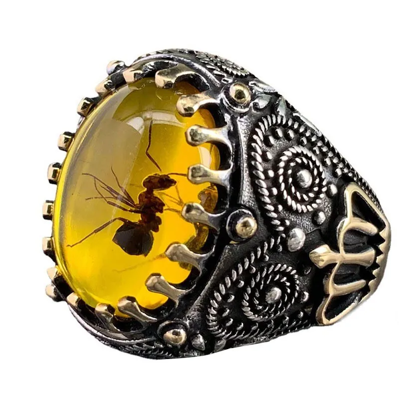 Punk Natūralių Vabzdžių, Skruzdėlių Akmens Piršto Vyrų Žiedas Graviravimas Aukso Karūną Geometrinis Modelis Vyrų Viking Gotikos Papuošalai 1