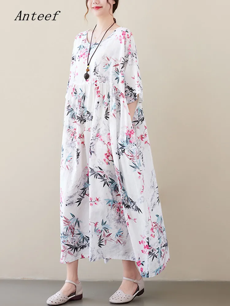 Trumpas rankovės negabaritinių medvilnės derliaus gėlių suknelės moterims atsitiktinis palaidų ilgas vasaros suknelė elegantiškas drabužius 2022 1