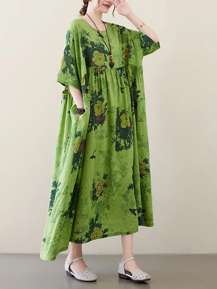 Trumpas rankovės negabaritinių medvilnės derliaus gėlių suknelės moterims atsitiktinis palaidų ilgas vasaros suknelė elegantiškas drabužius 2022 3