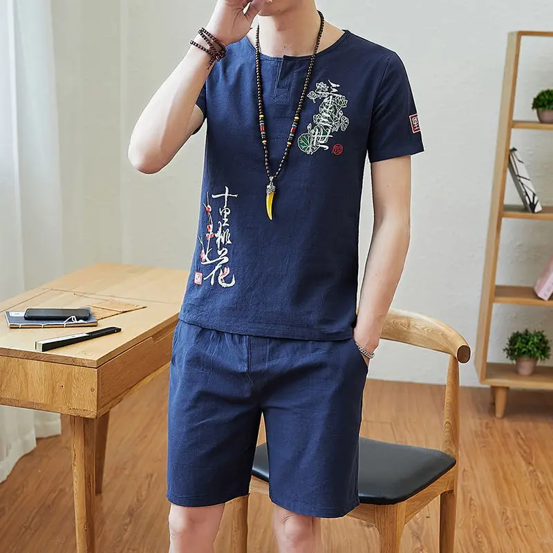 [Aukštos Kokybės Medvilnės] Kostiumas T-shirt Kinų Stiliaus Dviejų dalių Vasaros Retro vyriški trumpomis Rankovėmis Atsitiktinis Palaidų Y2k Vintage Drabužių Vyrams 1