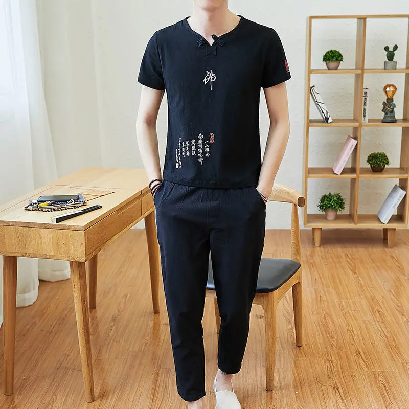 [Aukštos Kokybės Medvilnės] Kostiumas T-shirt Kinų Stiliaus Dviejų dalių Vasaros Retro vyriški trumpomis Rankovėmis Atsitiktinis Palaidų Y2k Vintage Drabužių Vyrams 3
