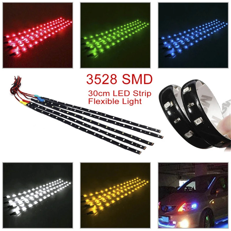 2VNT LED juostelės SMD3528 Vandeniui Lankstus 30CM Raudona Žalia Mėlyna Balta Šiltai balta Super šviesus automobilių Stiliaus dekoro lipdukai lempos 1