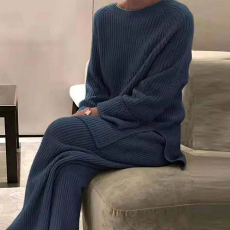 Žiemos Kieta Moteris, Dviejų Dalių Komplektas Lady Megzti Namų Tiktų Rudens Mados Minkštas Atsitiktinis O-Kaklo Megztinis Viršūnes + Kelnės Homewear Pižama