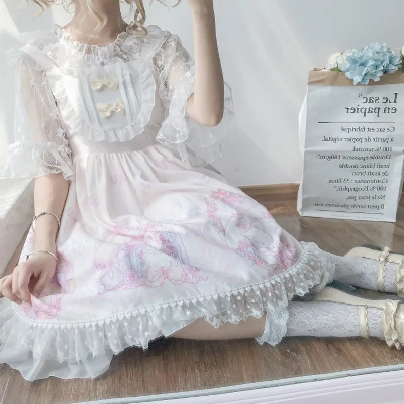 Japonijos Saldus Lolita Dress Vasaros Girly Nėrinių Perlai Tinklelio, Be Rankovių Pasakų Suknelė Lankas Nėrinių Princesė Šalies Kawaii Jsk Suknelės