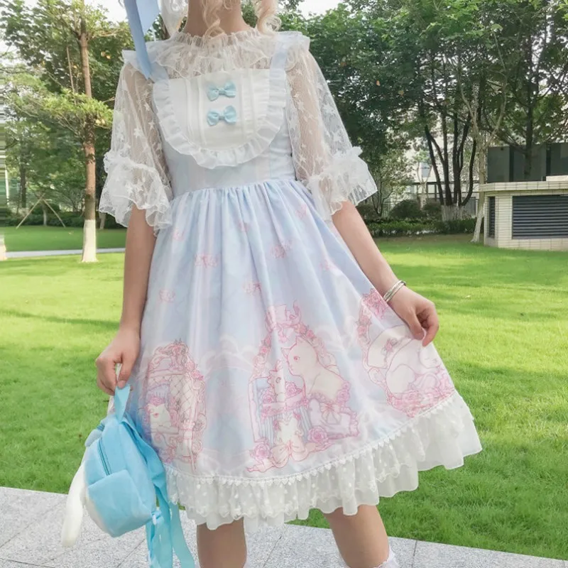 Japonijos Saldus Lolita Dress Vasaros Girly Nėrinių Perlai Tinklelio, Be Rankovių Pasakų Suknelė Lankas Nėrinių Princesė Šalies Kawaii Jsk Suknelės 1