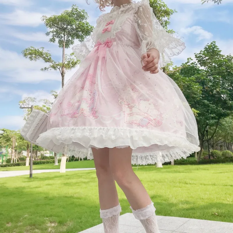 Japonijos Saldus Lolita Dress Vasaros Girly Nėrinių Perlai Tinklelio, Be Rankovių Pasakų Suknelė Lankas Nėrinių Princesė Šalies Kawaii Jsk Suknelės 4